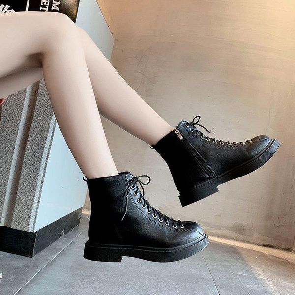 

new chunky platform pu leather knee high boots women boots punk height increasing long woman lace up booties mujer, Black