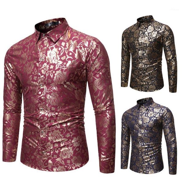 

mens long sleeve shirt stamping rose shirt male homme temperament casual lapel man long sleeve flower streetwear1, White;black