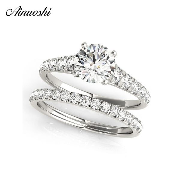 

ainuoshi 925 sterling silver women ring sets white gold color round cut 1ct ring sets wedding engagement party silver jewelry y200106, Slivery;golden