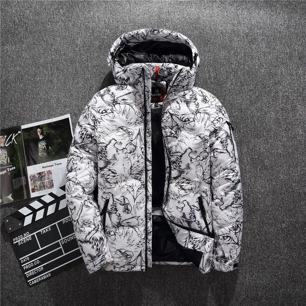 

2020 winter new boutique white duck down thick warm fashion print mens casual white black down jacket mens slim hooded down coat t200907