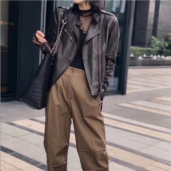 

women's leather & faux natural lambskin bomber biker jacket long sleeves zipper 100% sheepskin coat, Black