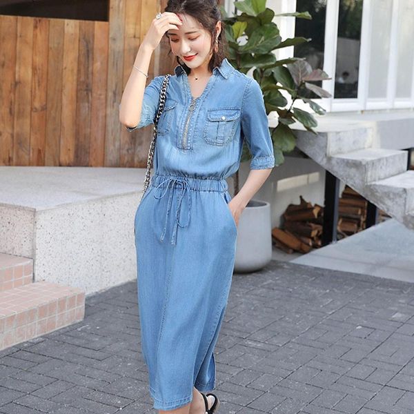 

fashion korean plus size denim dress for women summer dress 2020 female lapel split long maxi jeans dress vestidos new, Gray