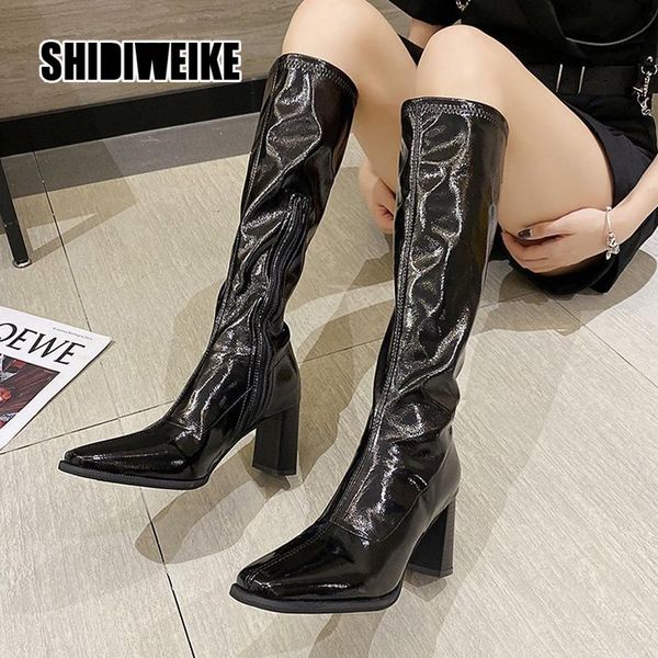 

2020 Sexy Slim Women's Square heel Knee-High boots Brand High Heels Boots Slip on Winter Shoes Woman V345, Black