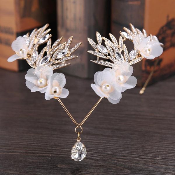 

girls sweet elegant v shape headpieces women white flower leaf hair jewelry bridal wedding rhinestone beauty hair accessories, Golden;silver