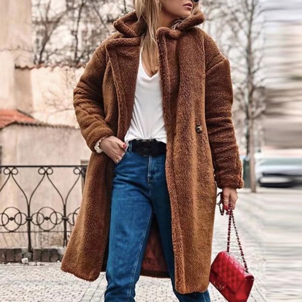 

winter women faux fur coat outwear luxury long fur coat loose lapel overcoat thick warm female plush coats1, Black