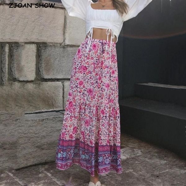 

bohemia pink floral print cotton maxi long skirt boho hippie women elastic high waist spliced ruched pleated skirts holiday, Black