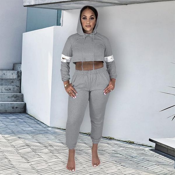 

women's tracksuits 2021 spring fashion casual style sets long sleeve hooded collar short elastic pants pure color two piece, Gray