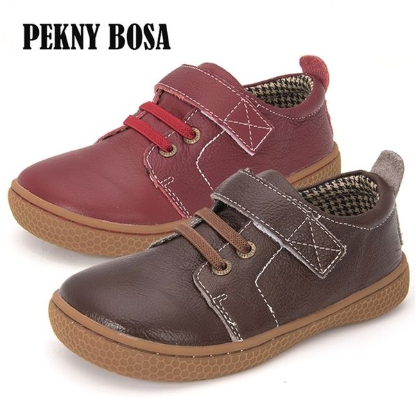 

genuine kids children casual girls leather boys sneakers coffee brown and red shoes size 31-35 y201028, Black;red