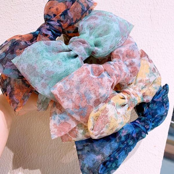 

5 colors korean new organza girls flowers printed hair hoop bowknot wide edge headbands fashion retro charm womens hair accessories gifts, Silver