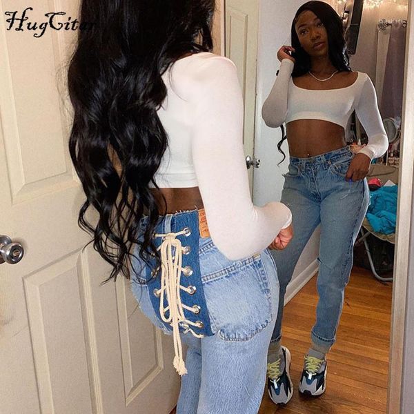 

women's jeans hugcitar 2021 high waits bandage autumn winter women fashion streetwear outfits trousers1, Blue