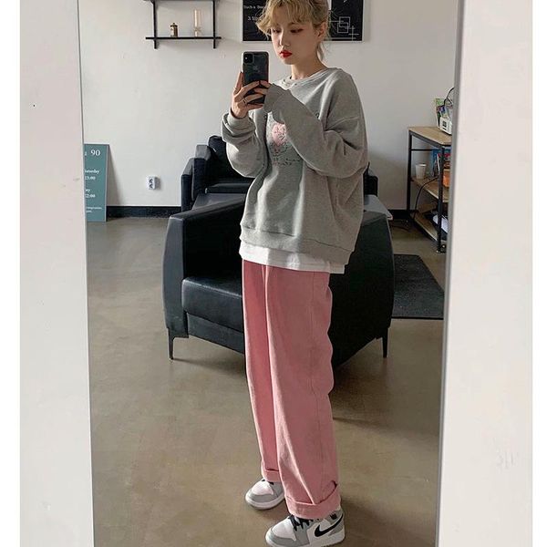 

versatile pants women 2021 pink corduroy high waist casual pants dropshipping plus size losse pantalones de mujer bottoms pant, Black;white