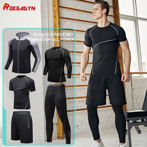 

running sets roegadyn 5 pcs/set sportswear fitness men's tracksuit quick dry compression suit gym set sports for men1, Black;blue
