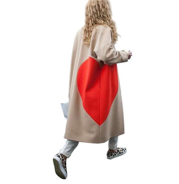 

women's trench coats fashion casual coat windbreaker overcoat lapel long loose straight tube heart-shaped pattern trend versatile perso, Tan;black