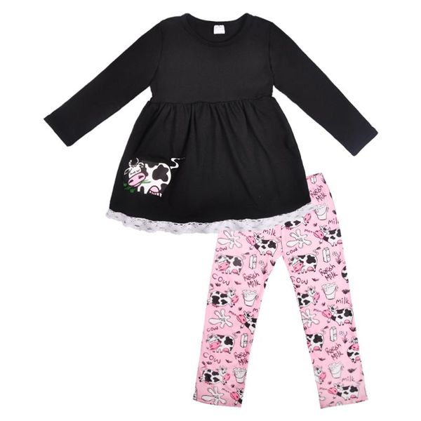 

wholesale price cute remake boutique cow outfit cotton girl embroidery black match ruffle pants clothing 2810-781-hy, Blue
