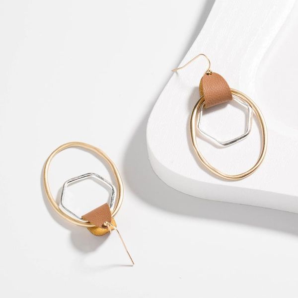 

hoop & huggie ladies geometric drop earring creative fashion leather retro earrings handmade circle sand, Golden;silver