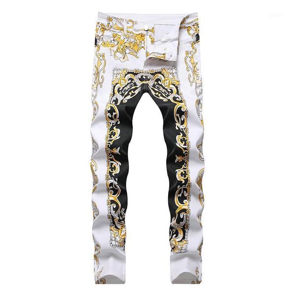 

kiovno men fashion printed jeans pants hip hip streetwear denim trousers male straight washed night club wear1, Blue