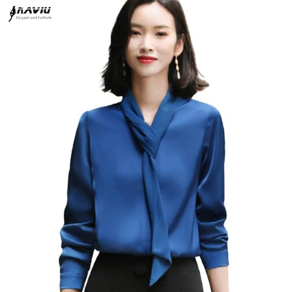 

blue shirt women design temperament fashion new long sleeve v neck streamer satin chiffon blouses office ladies casual work, White