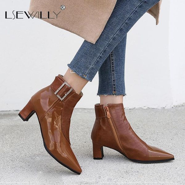 

lsewilly 2021 buckle zipper pointed toe ankle boots autumn winter pu leather women shoes square heel fashion ladies pumps, Black