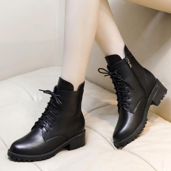 

square med heel autumn boots women split leather round toe classic black lace-up zip lady martin boots shoes y0093
