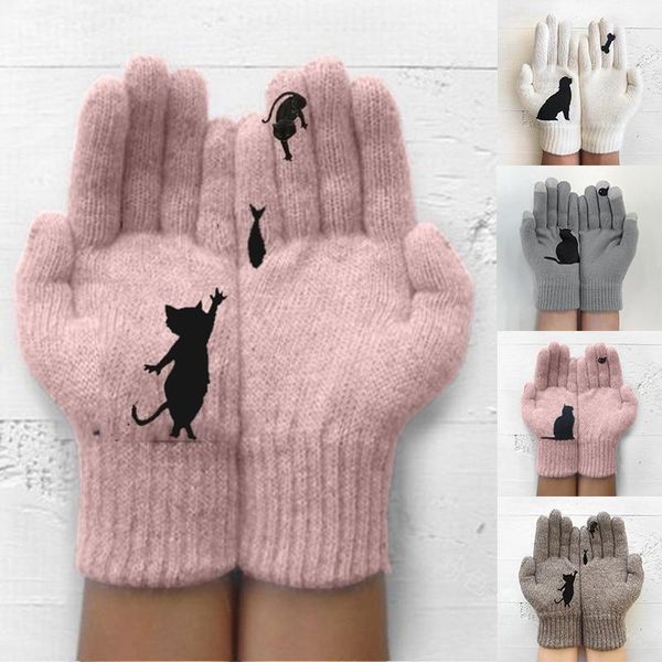 

winter warm cold cashmere gloves thick cartoon kitten animals print wool knitted full finger gloves men and women, Blue;gray