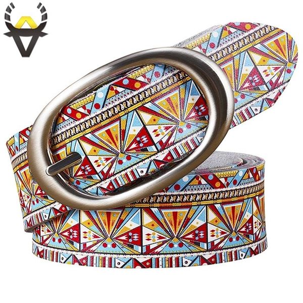 

fashion genuine leather belts for women printing geometric belt woman quality pin buckle cow skin strap female width 3.5 cm y200501, Black;brown