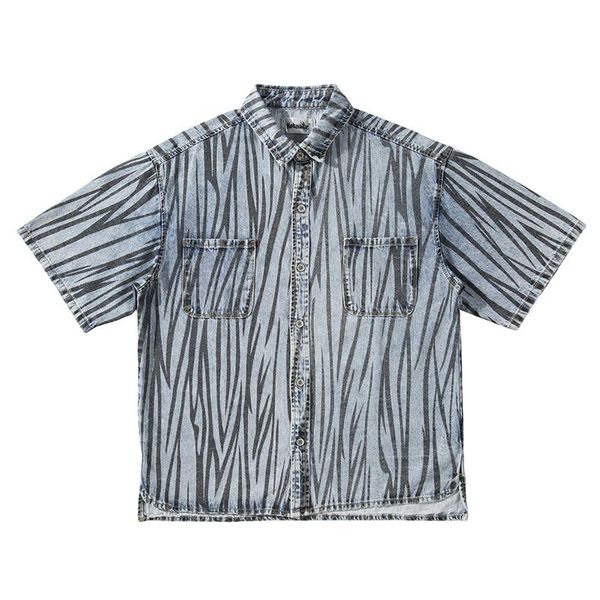 

harajuku zebra print помытые джинсовые рубашки негабаритные мужчины и женщины с коротким рукавом свободные джинсы рубашки с короткими рукава