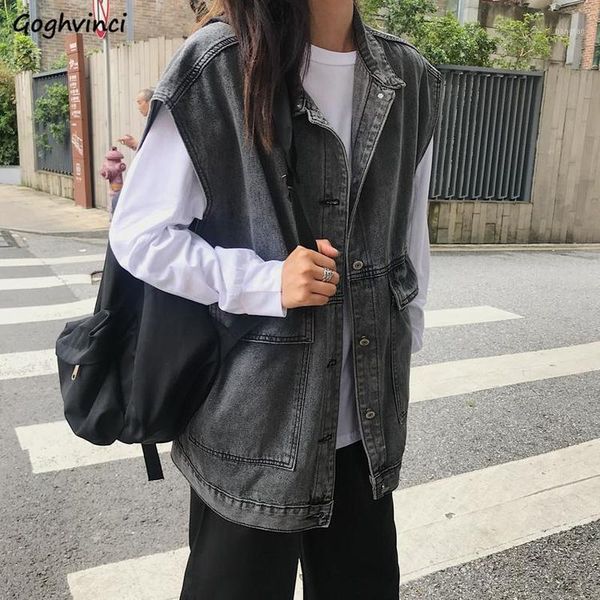 

women vests hip hop vintage denim sleeveless retro long jacket loose harajuku turn-down collar pocket outerwear fashion autumn1, Black;white