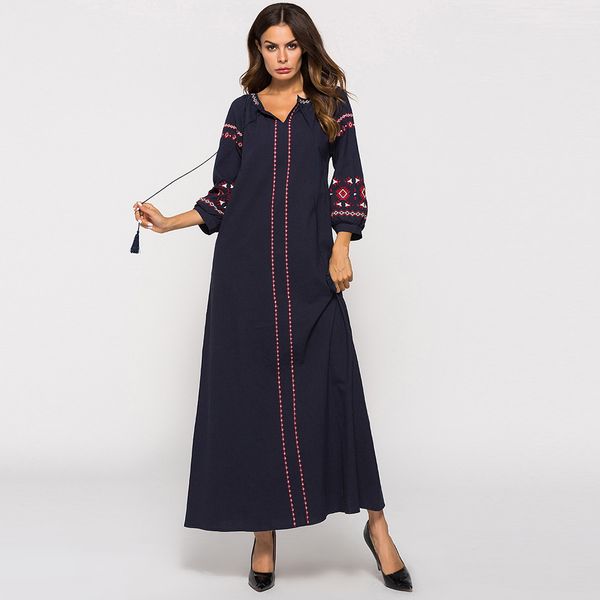 

muslim abaya long dress women embroidered arab vestidos islam kaftan jilbab djellaba ropa musulman ensembles middle east ramadan, Black;gray