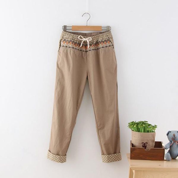 

japanese harajuku casual women ethnic embroidery elastic waist drawstring cotton pants ladies solid 2 color pantalon femme j012, Black;white