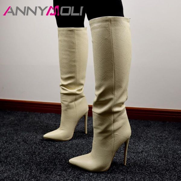 

annymoli pointed toe knee high boots woman boots extreme high heel long stiletto heel ladies shoes autumn winter beige 43, Black