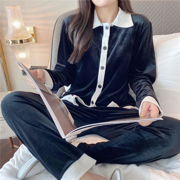 

ins velvet pajamas 2021 new black white women luxury sleepwear winter white long sleeve velvet women home pajamas designer #14#7850099, Black;red