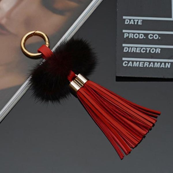 

new leather tassels with mink fur ball key chain with two tassels for car keychain bag key ring jewelry eh815 h bbybpx