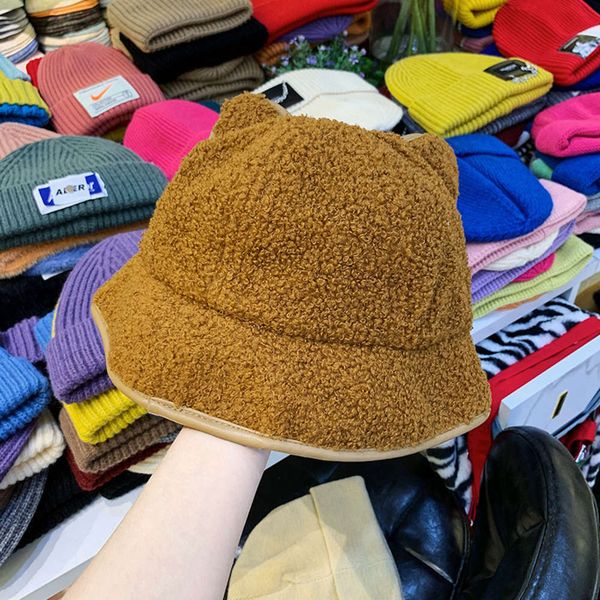 

ear korean plush cartoon fisherman's young girl cute versatile winter net red warm chic basin hat fashion, Blue;gray