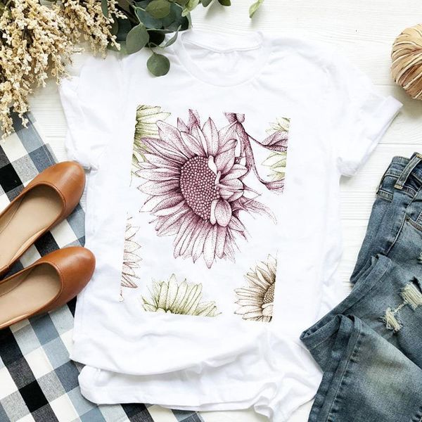 

women lady t shirt sunflower floral printed tshirt ladies short sleeve loose tee shirt women female clothes graphic t-shirt, White