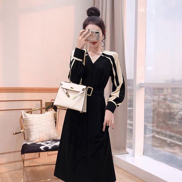 

малый черный юбка темперамент середине длинные 2020 новые женские платья осень с длинным рукавом v-образным вырезом формальное dresslightcel, Black;gray