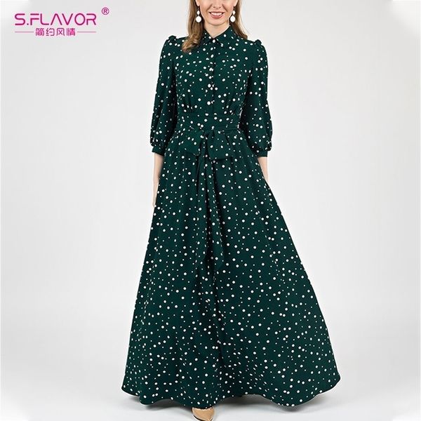 

s.flavor single button dot printing maxi dress elegant women turn-down lantern sleeve long dress autumn winter casual dress 201006, Black;gray