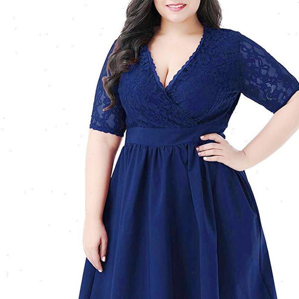 

38 womens dress lady simple fashion plus size v neck short sleeve solid color lace high splicing dress, Black;gray