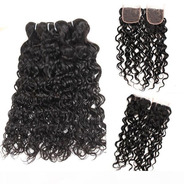 

peruvian water wave bundles with lace closure unprocessed virgin human hair weave weft with lace closure middle 3 part double weft, Black