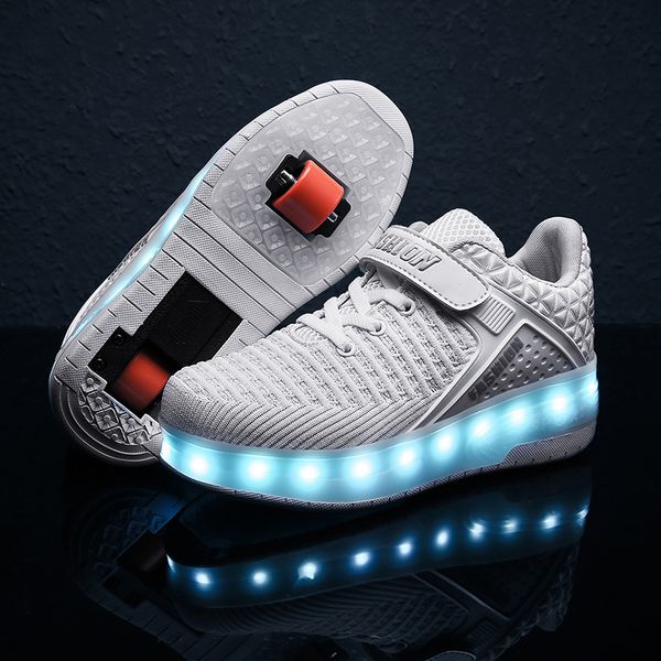 

2019 new 29-40 usb charging children 2 girls boys led kids sneakers with wheels roller skate shoes, Black;red