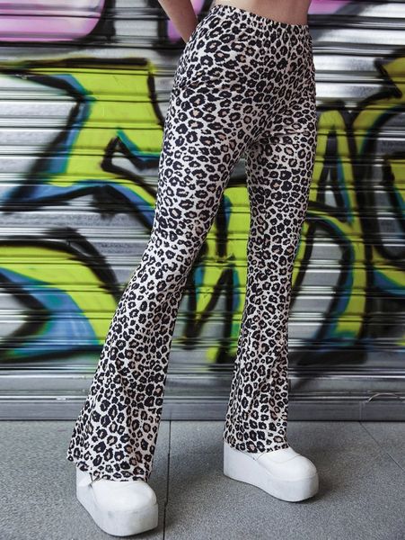 

leopard print flare leg pants v8zl#, Black;white