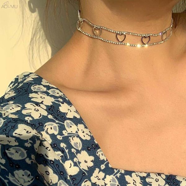 

AOMU 2021 Korea Fashion Shiny Double Layer Hollow Heart Metal Chocker Necklace For Women Party Jewelry Romantic Gifts, Golden;silver