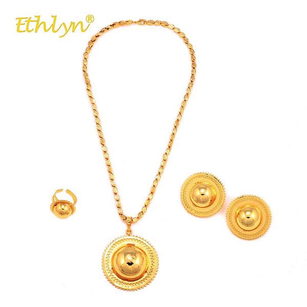 

ethlyn 3pcs africa/the middle east/ethiopia wedding sawtooth round jewelry set for women accessories big necklace/earrings/ring, Silver