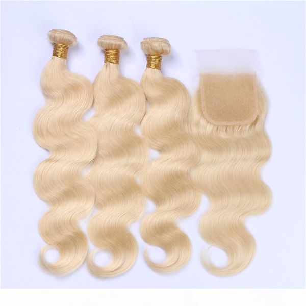 

brazilian human hair blonde weaves with closure body wave pure #613 bleach blonde color 4x4 lace front closure with 3 bundles extensions, Black