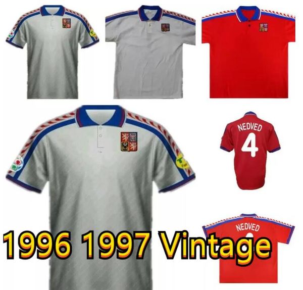 Retro Futbol Jersey Çek Cumhuriyeti 1996 1997 Vintage Üniforma 96 97 Ev Kırmızı Klasik Futbol Gömlek Uzakta # 18 Novotny # 4 Nedved # 8 Poborsky # 19 Frydek S-3XL