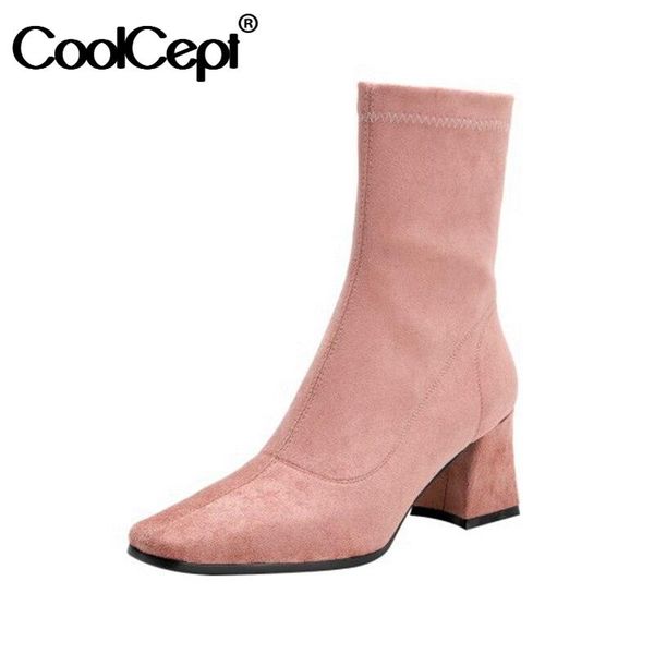

boots coolcept size 32-43 women short high heel winter shoes woman stretch boot square toe office lady fashion daily, Black
