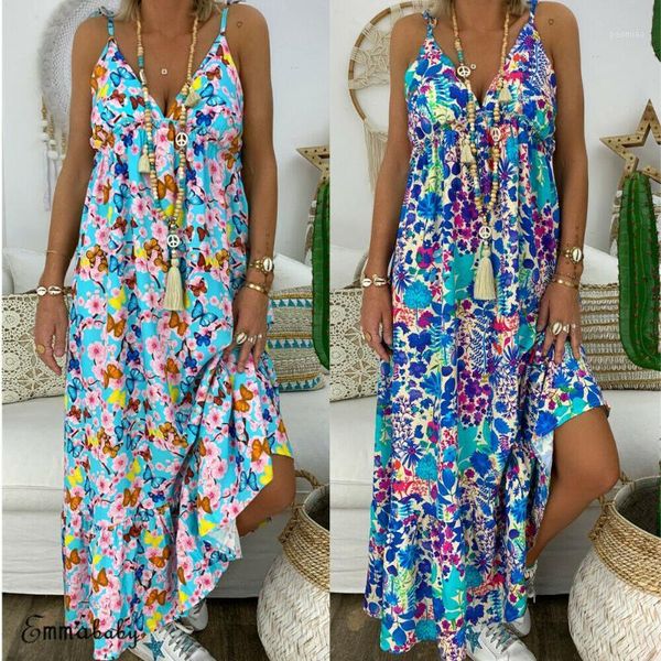

women sleeveless bohemian long maxi dress summer beach party sundress casual holiday print dresses plus size1, Black;gray