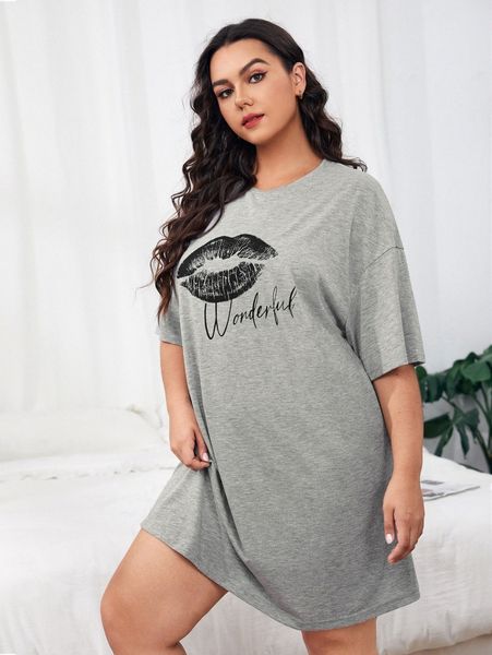 

plus letter graphic drop shoulder night dress h9ut#, Black;white