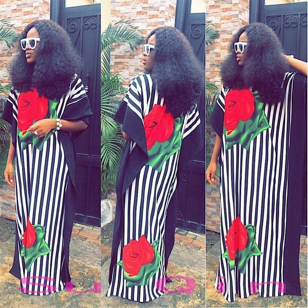 

new fashion 100% cotton print elastic sleeve loose style dashiki stripe long dresses for lady/women (cpdh#)1, Red