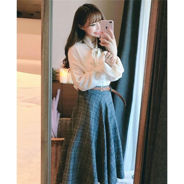 

skirts elastic waist vintage plus size harajuku korean plaid skirt women high school girls mid carf pleated long, Black