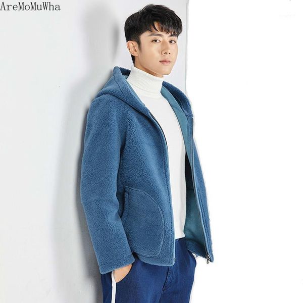 

aremomuwha fake fur one male sheep shearing coat hooded leather men's short lamb fur faux coat winter male l hooded jacketqx12951, Black